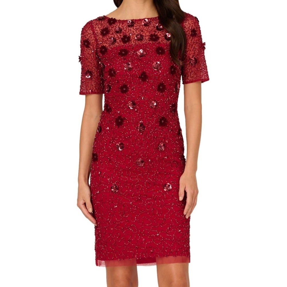 Adrianna Papell Sequin Mesh & Velvet Cocktail Sheath Dress Womens Size 14 NWT